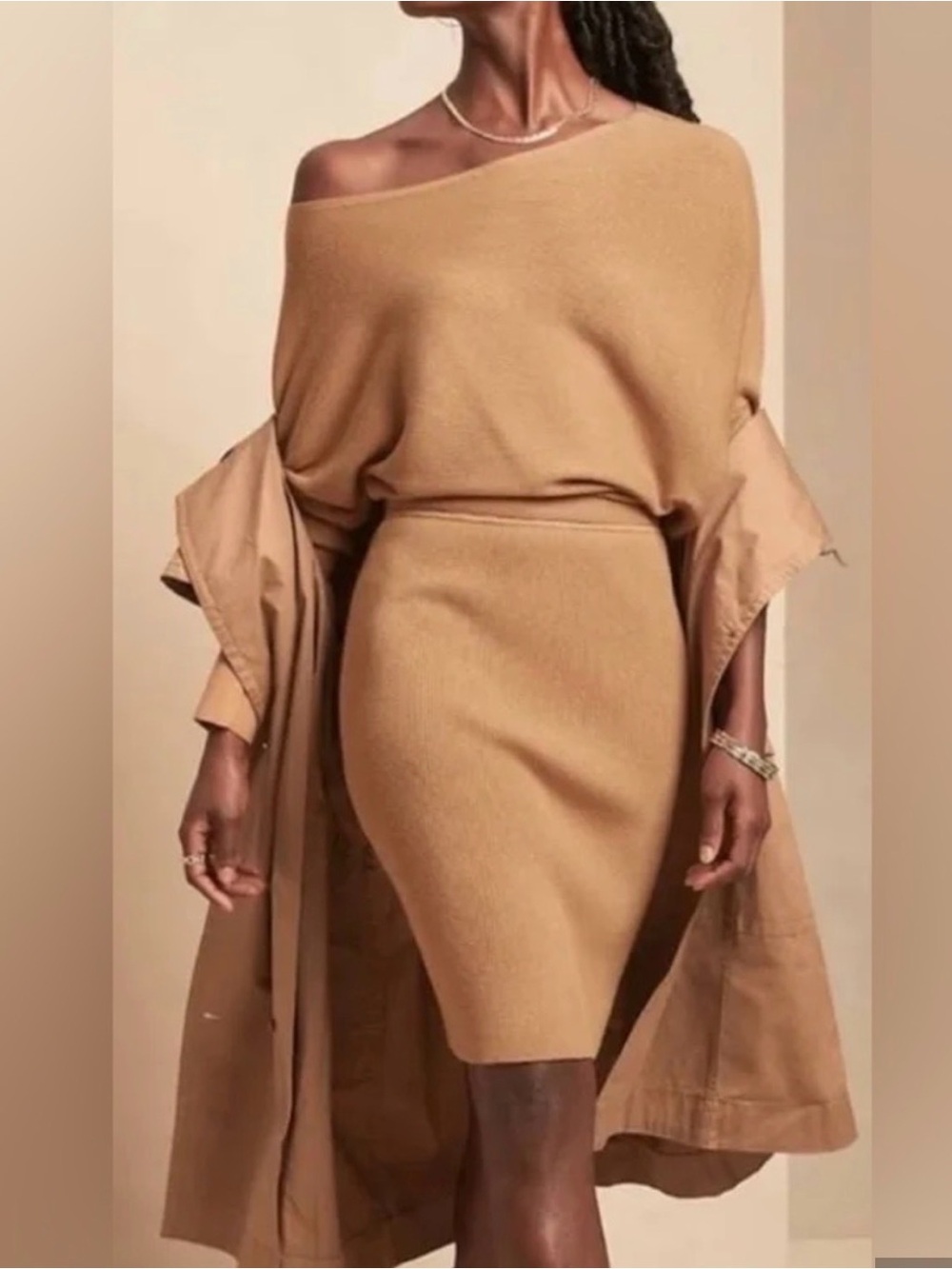 Banana Republic Tan One-Shoulder Knit Sheath Dress